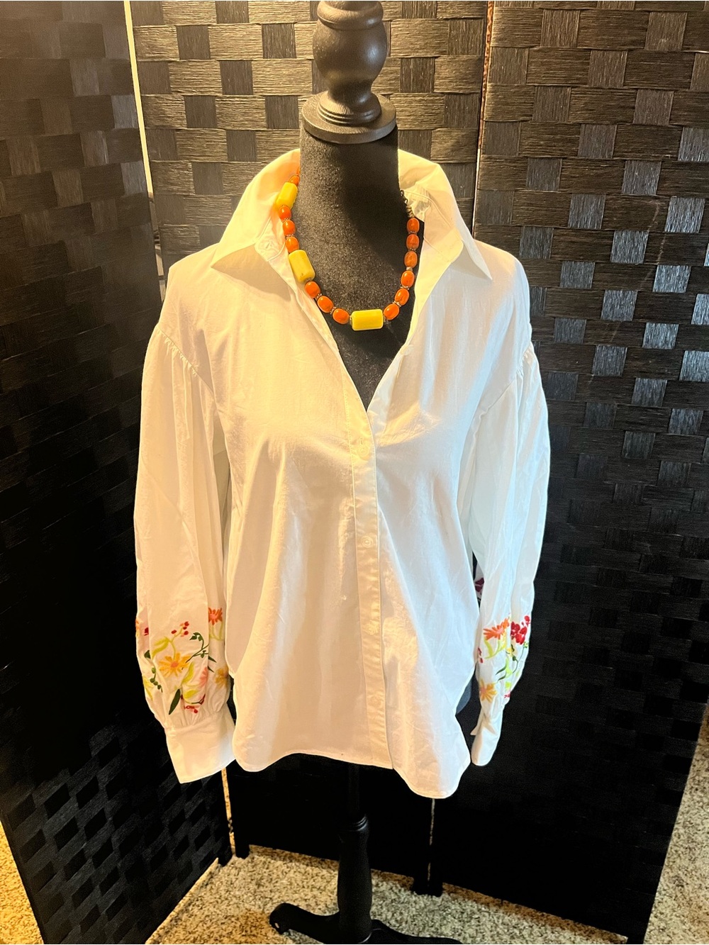 Kate Spade White Button-Down Shirt with Floral Embroidered Cuffs